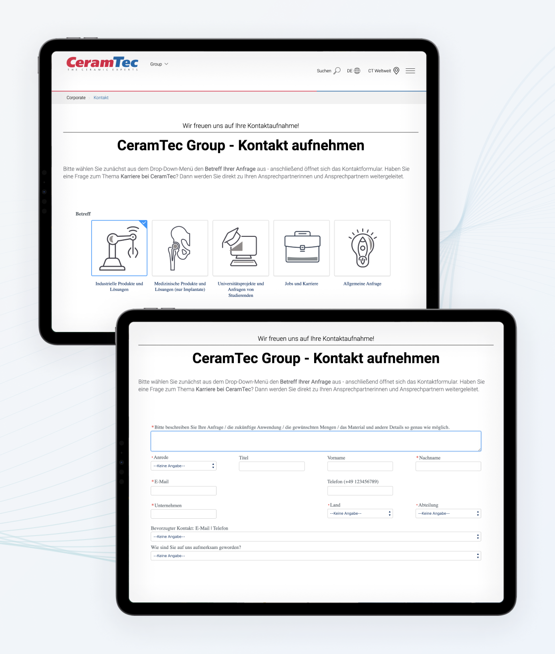 Screenshots of two stages of the contact form