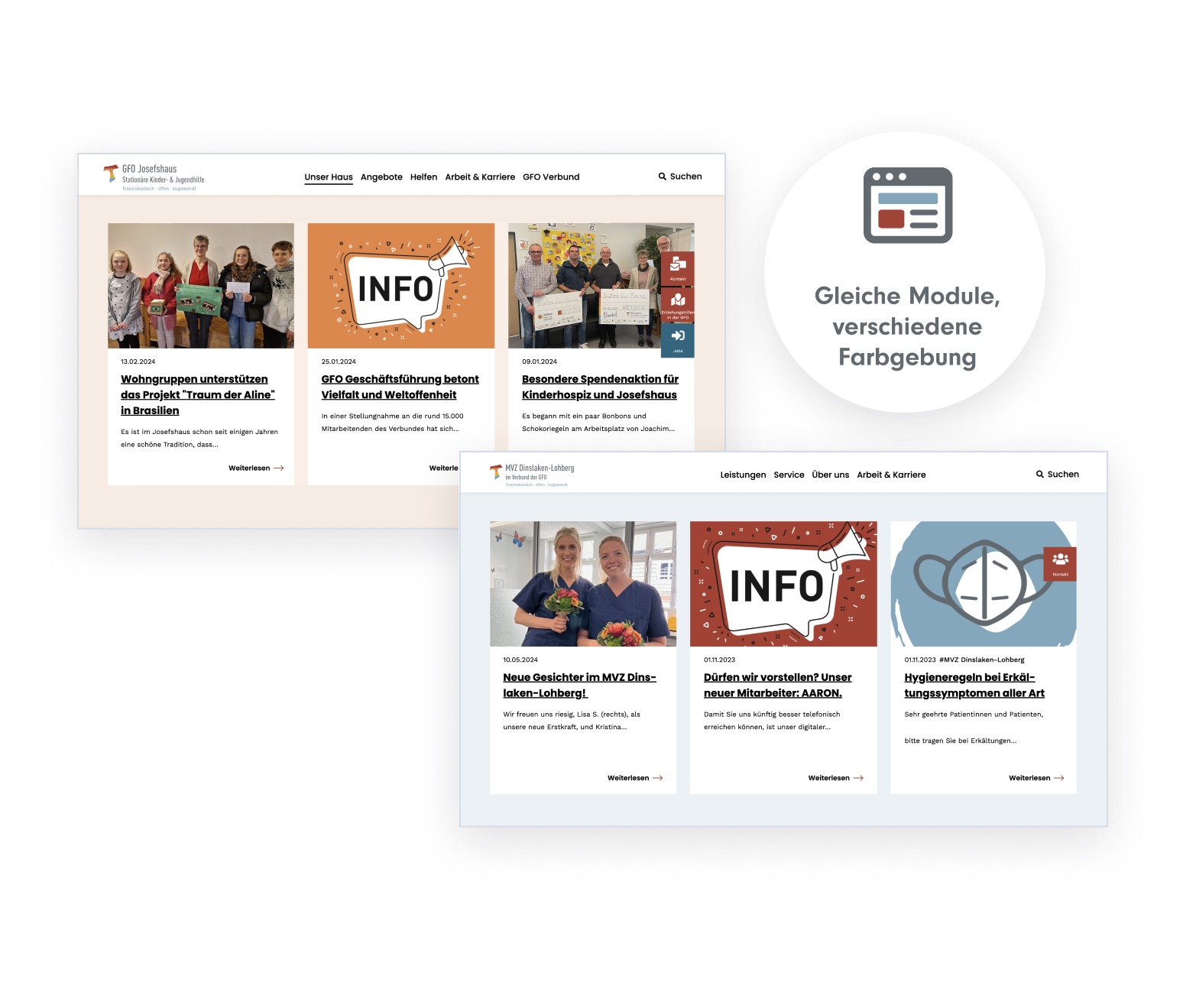 Das gleiche Modul auf unterschiedlichen Websites in anderer Farbe