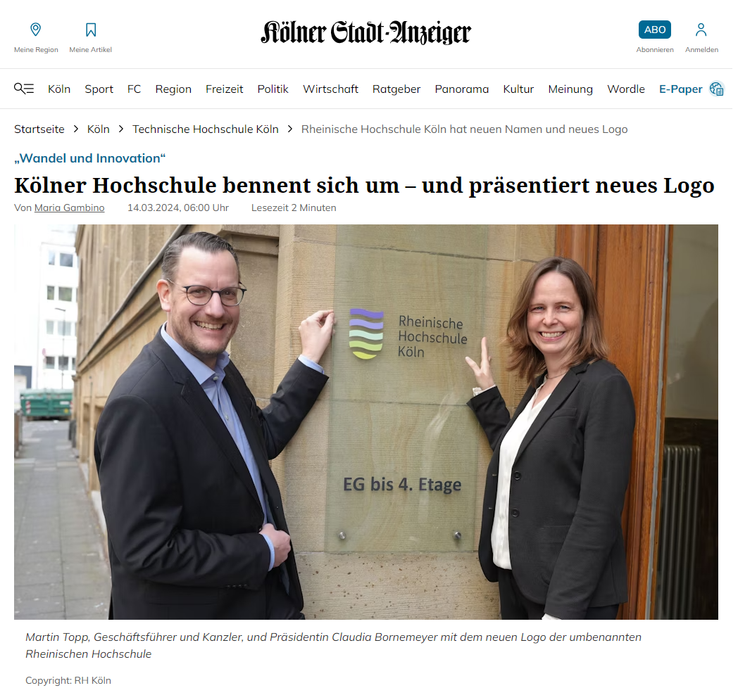 Artikel zum Rebranding im Kölner Stadtanzeiger